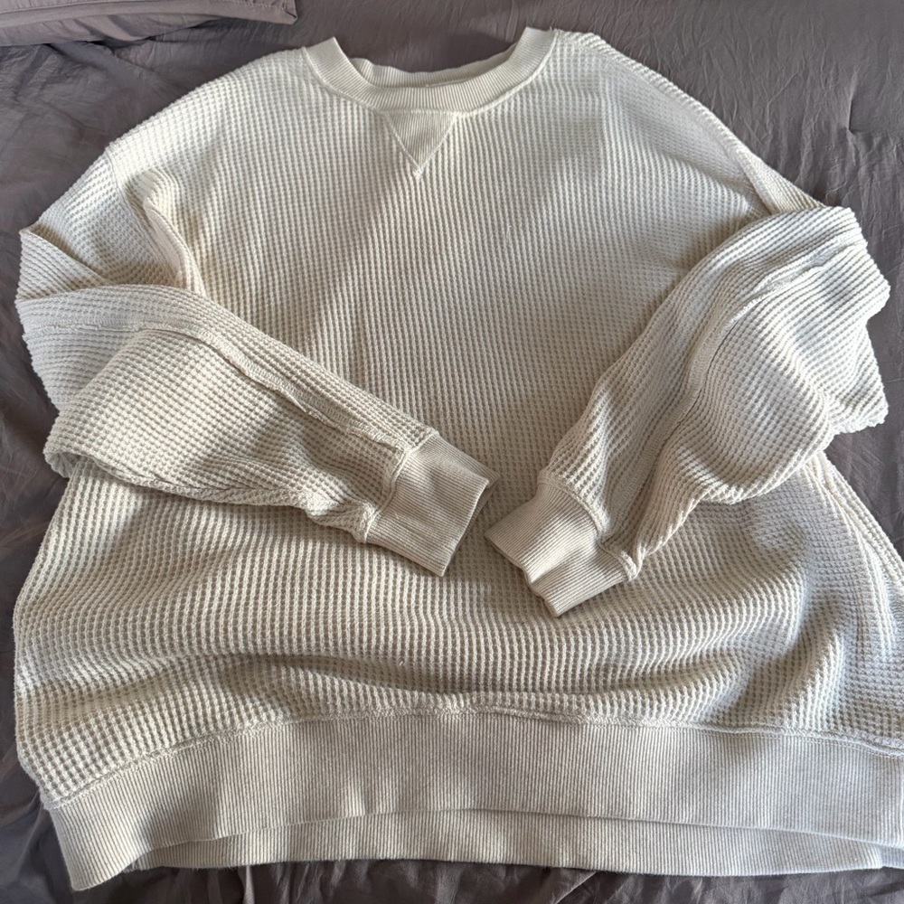 aerie Cream Waffle-Knit Crewneck Sweater